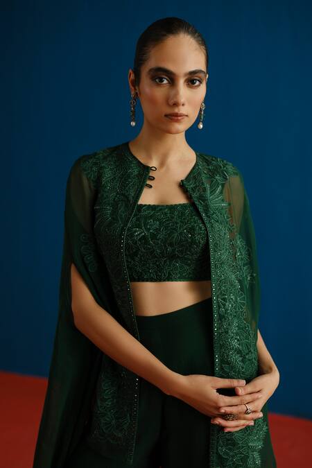 Buy_Mishru_Green Tulle, Organza Embroidery Round , Sweetheart Aurea Cape Pant Set _Online_at_Aza_Fashions