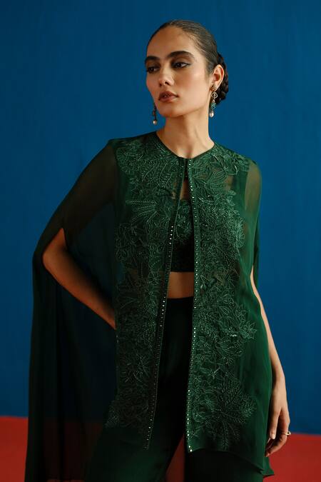 Shop_Mishru_Green Tulle, Organza Embroidery Round , Sweetheart Aurea Cape Pant Set _Online_at_Aza_Fashions
