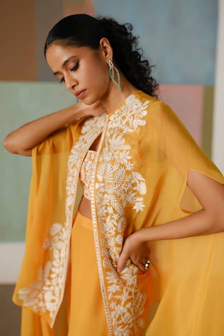 Mishru_Orange Tulle, Organza Embroidery Round Neck, Sweetheart Aurea Cape Pant Set _Online_at_Aza_Fashions