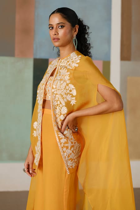 Buy_Mishru_Orange Tulle, Organza Embroidery Round Neck, Sweetheart Aurea Cape Pant Set _Online_at_Aza_Fashions