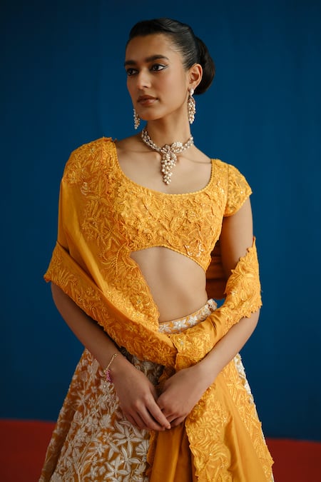 Buy_Mishru_Orange Tulle, Organza, Silk Embroidery, Sequins Round Celia Blouse Lehenga Set _Online_at_Aza_Fashions