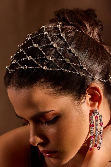 Shop_Mnsh_Silver Plated Stones Waterfall Ruby Embellished Earrings _Online_at_Aza_Fashions