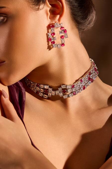 Shop Mnsh Silver Plated Stones Tetris Embellished Earrings Online at Aza Fashions Shop_Mnsh_Silver Plated Stones Tetris Embellished Earrings _Online_at_Aza_Fashions