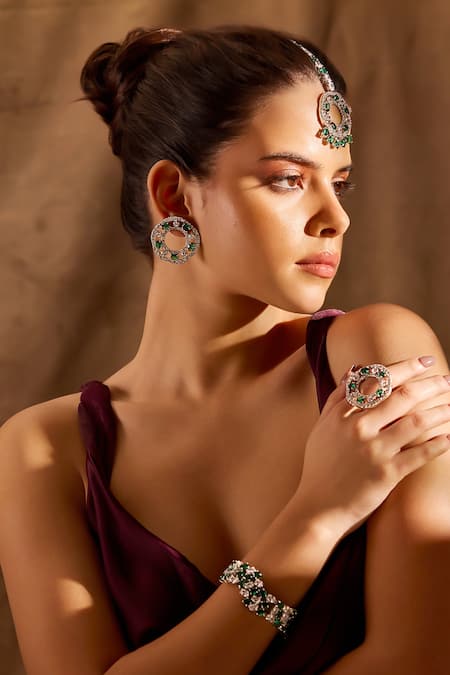 Mnsh_Silver Plated Stones Garden Of Green Embellished Stud Earrings _Online_at_Aza_Fashions