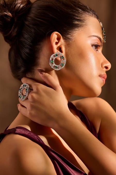 Shop_Mnsh_Silver Plated Stones Garden Of Green Embellished Stud Earrings _Online_at_Aza_Fashions