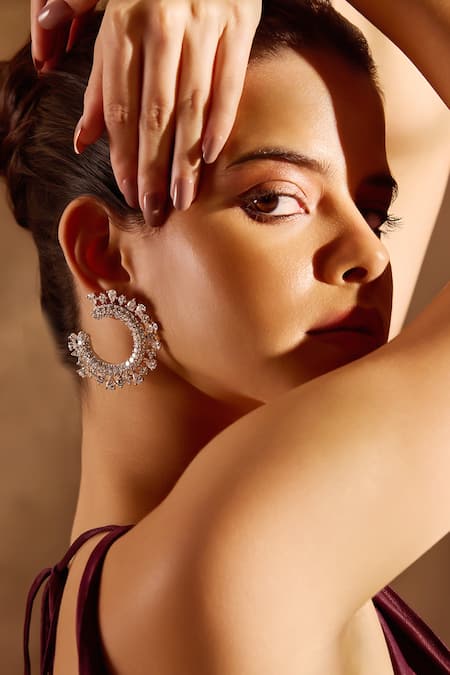 Mnsh_Silver Plated Faux Diamonds Royal Crescent Embellished Earrings _Online_at_Aza_Fashions