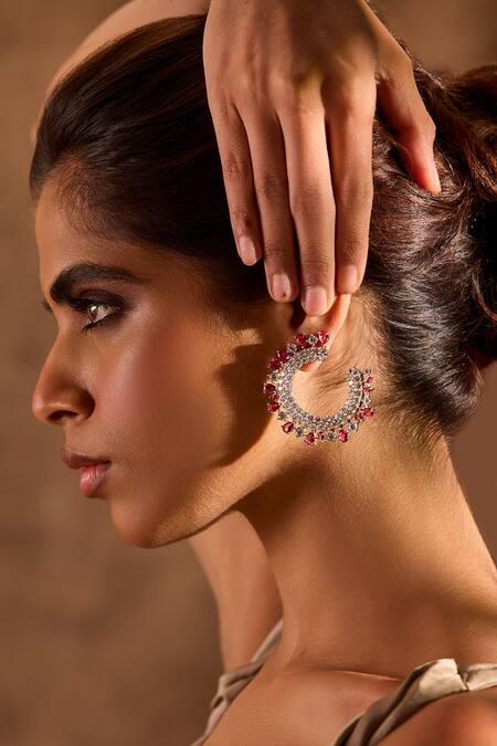 Mnsh_Silver Plated Faux Diamonds, Stones Royal Crescent Ruby Embellished Earrings _Online_at_Aza_Fashions