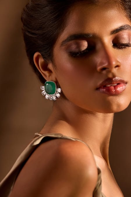 Mnsh_Silver Plated Gemstones, Double Emerald Stud Earrings _at_Aza_Fashions