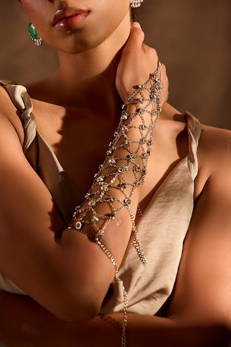 Buy_Mnsh_Silver Plated Gemstones, Double Emerald Stud Earrings 