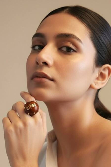 Shop_Mnsh_Brown Gemstones, Shakti Wooden Ring _Online_at_Aza_Fashions