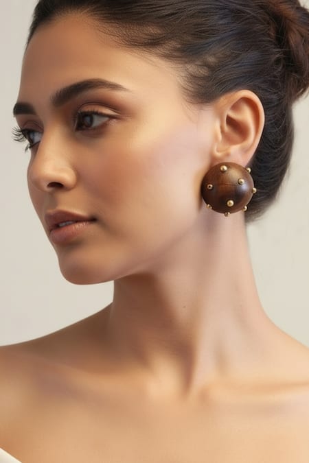 Mnsh Brown Studs, Stones, Crystals Cove Gold Ball Earrings at Aza Fashions Mnsh_Brown Studs, Stones, Crystals Cove Gold Ball Earrings _at_Aza_Fashions