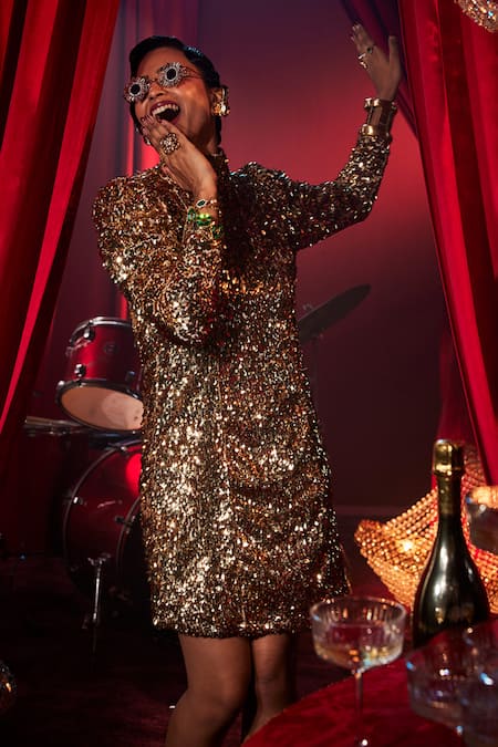 House Of Fett_Gold Mesh Sequins High Neck Goldshim Embellished Short Dress _Online_at_Aza_Fashions