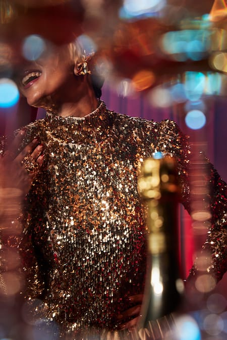 Shop_House Of Fett_Gold Mesh Sequins High Neck Goldshim Embellished Short Dress _Online_at_Aza_Fashions