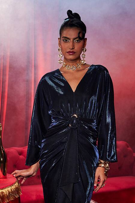 House Of Fett_Blue Lycra Sequins, Embroidery V-neck Reign Embellished Draped Short Dress _Online_at_Aza_Fashions