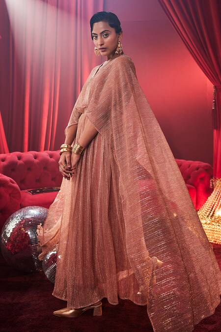 House Of Fett_Rose Gold Georgette Sequins, Metallic Thread V-neck Tiara Embellished Gown _Online_at_Aza_Fashions