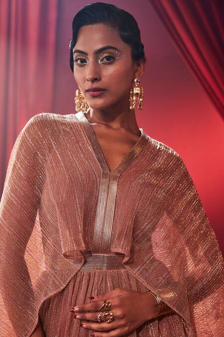 Shop_House Of Fett_Rose Gold Georgette Sequins, Metallic Thread V-neck Tiara Embellished Gown _Online_at_Aza_Fashions