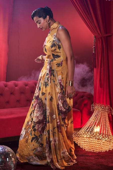 Buy_House Of Fett_Yellow Chinon High Neck Signora Floral Print Gown _Online_at_Aza_Fashions