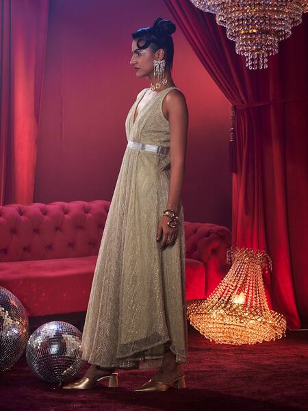 House Of Fett_Gold Knit Sequins V-neck Shimmer Embellished Gown _Online_at_Aza_Fashions