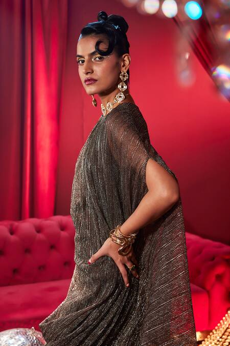 House Of Fett_Grey Knit Sequins, Metallic Thread High Neck Empress Embellished Dress _Online_at_Aza_Fashions