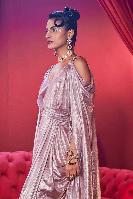 House Of Fett_Pink Knit Sequins, Embroidery V-neck Empress Shimmer Embellished Draped Gown _Online_at_Aza_Fashions