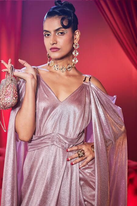 House Of Fett_Pink Knit Sequins, Embroidery V-neck Empress Shimmer Embellished Draped Gown _at_Aza_Fashions