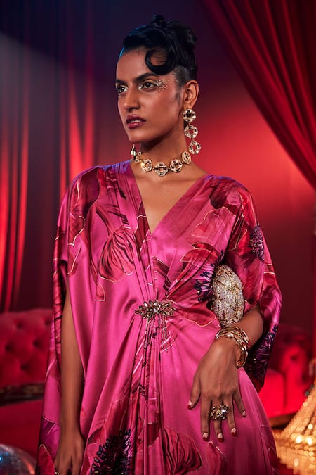 House Of Fett_Pink Satin Sequins, Embroidery V-neck Diva Floral Print Kaftan _Online_at_Aza_Fashions
