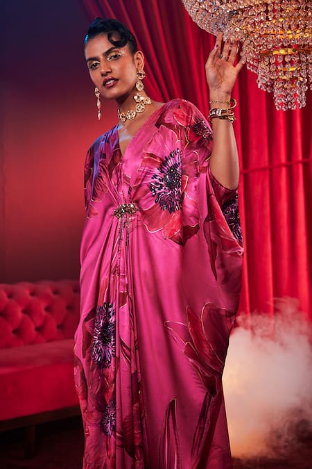 Shop_House Of Fett_Pink Satin Sequins, Embroidery V-neck Diva Floral Print Kaftan _Online_at_Aza_Fashions