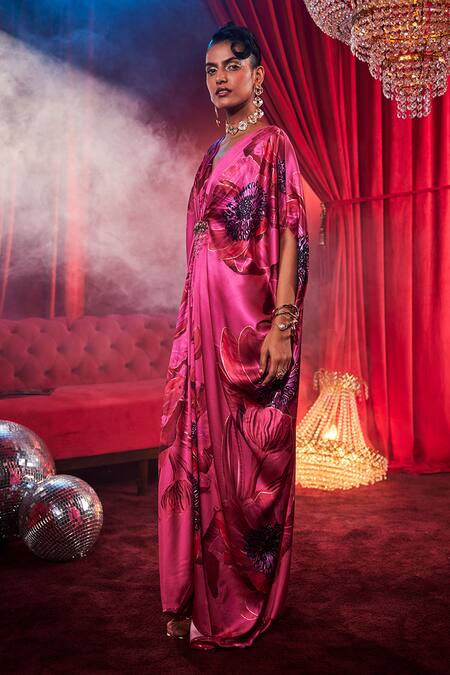 House Of Fett_Pink Satin Sequins, Embroidery V-neck Diva Floral Print Kaftan _at_Aza_Fashions