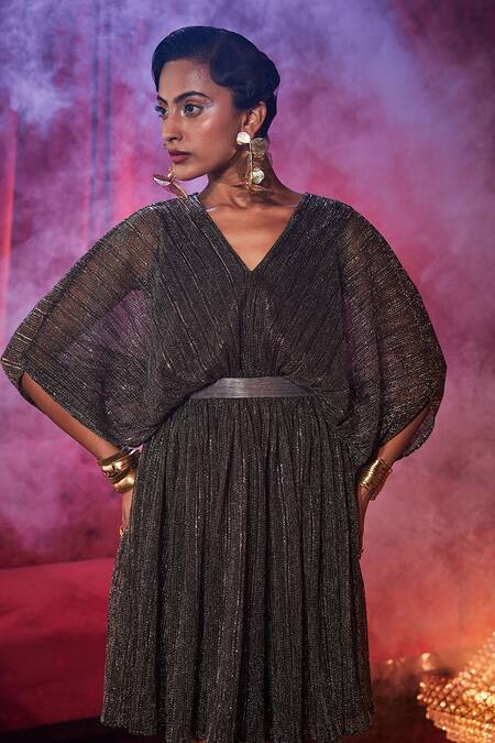 Shop_House Of Fett_Grey Knit Sequins, Metallic Thread V-neck Bronze Embellished Dress _Online_at_Aza_Fashions