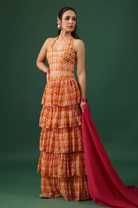 Buy_Baaro Masi_Pink Bemberg, Silk Beads Halter Neck Waterfall Style Printed Skirt Set _Online_at_Aza_Fashions