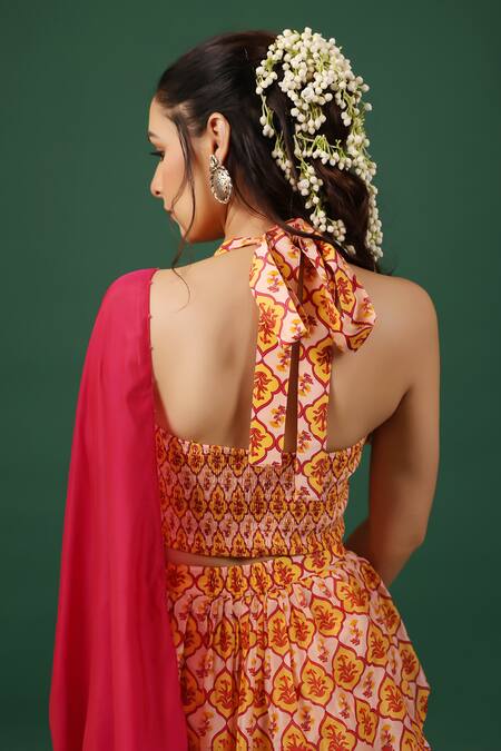 Shop_Baaro Masi_Pink Bemberg, Silk Beads Halter Neck Waterfall Style Printed Skirt Set _Online_at_Aza_Fashions