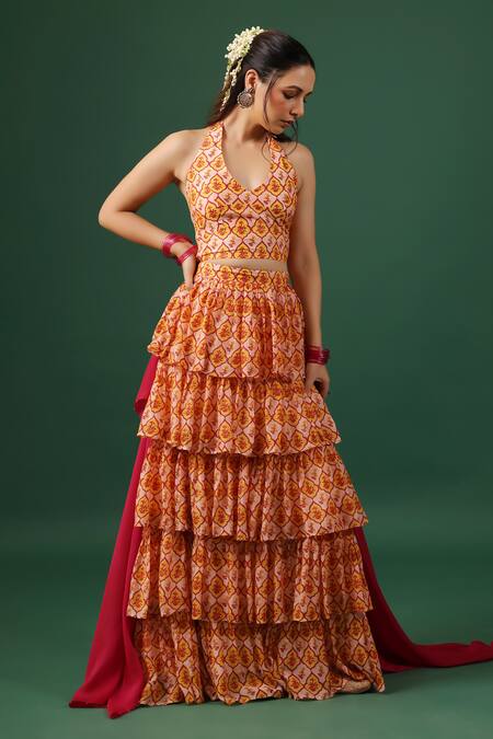 Baaro Masi_Pink Bemberg, Silk Beads Halter Neck Waterfall Style Printed Skirt Set _at_Aza_Fashions