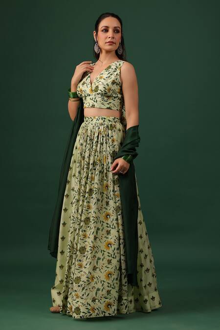Baaro Masi_Green Bemberg Beads V-neck Floral Print Skirt Set _Online_at_Aza_Fashions