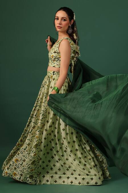 Shop_Baaro Masi_Green Bemberg Beads V-neck Floral Print Skirt Set _Online_at_Aza_Fashions