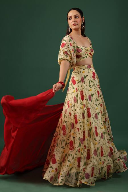 Baaro Masi_Yellow Bemberg, Silk Beads Sweetheart Neck Umbrella Style Printed Skirt Set _Online_at_Aza_Fashions