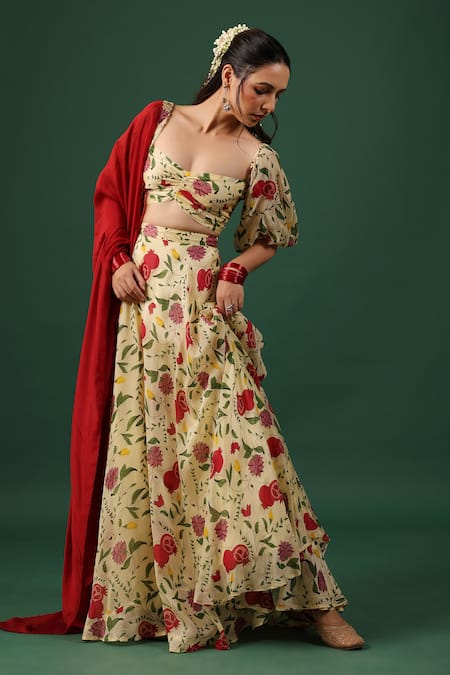 Shop_Baaro Masi_Yellow Bemberg, Silk Beads Sweetheart Neck Umbrella Style Printed Skirt Set _Online_at_Aza_Fashions