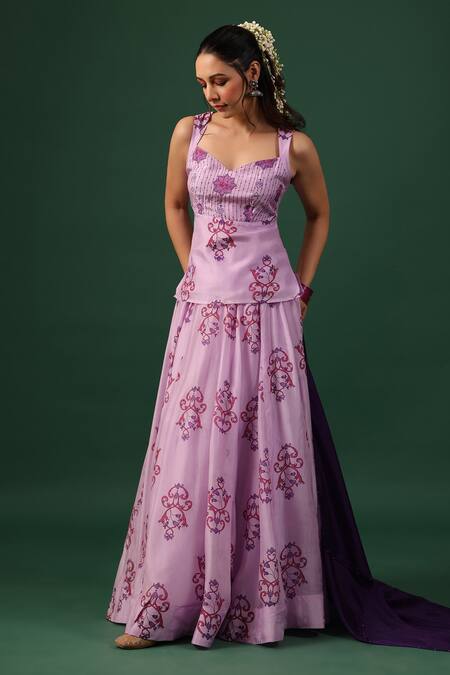 Baaro Masi_Purple Bemberg, Silk Beads Sweetheart Neck Printed Kurta Skirt Set _Online_at_Aza_Fashions