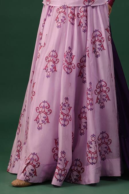 Baaro Masi_Purple Bemberg, Silk Beads Sweetheart Neck Printed Kurta Skirt Set _at_Aza_Fashions