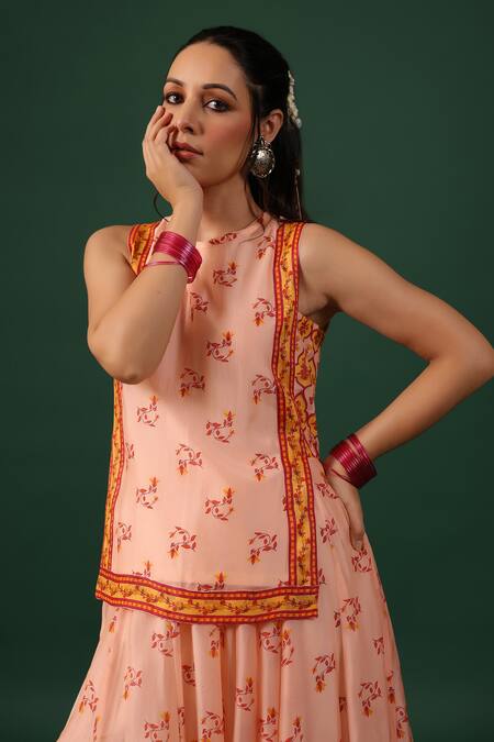 Baaro Masi_Pink Bemberg Embroidery Round Neck Printed Kurta Skirt Set _Online_at_Aza_Fashions