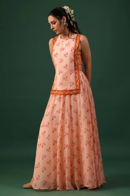 Shop_Baaro Masi_Pink Bemberg Embroidery Round Neck Printed Kurta Skirt Set _Online_at_Aza_Fashions