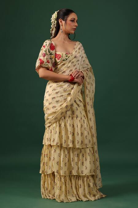 Baaro Masi_Yellow Bemberg, Silk Sweetheart Neck Ruffle Pre-draped Saree With Blouse _Online_at_Aza_Fashions
