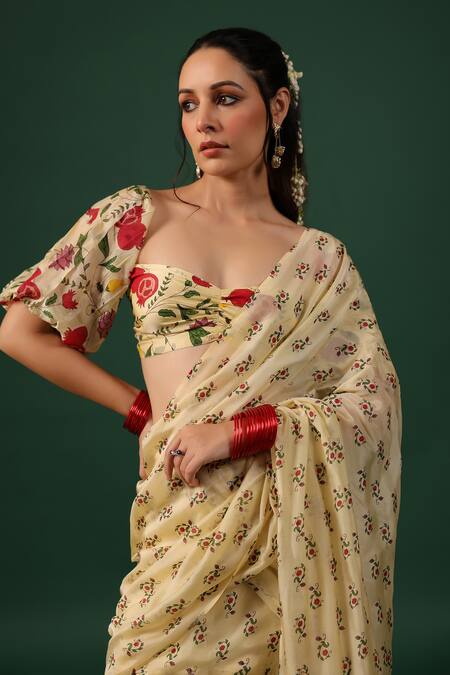 Shop_Baaro Masi_Yellow Bemberg, Silk Sweetheart Neck Ruffle Pre-draped Saree With Blouse _Online_at_Aza_Fashions