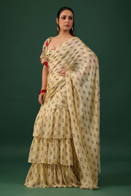 Baaro Masi_Yellow Bemberg, Silk Sweetheart Neck Ruffle Pre-draped Saree With Blouse _at_Aza_Fashions