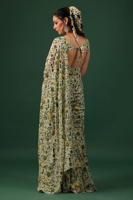 Baaro Masi Floral Print Pre-Draped Sharara Saree With Blouse 