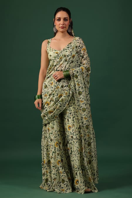 Baaro Masi Floral Print Pre-Draped Sharara Saree With Blouse 