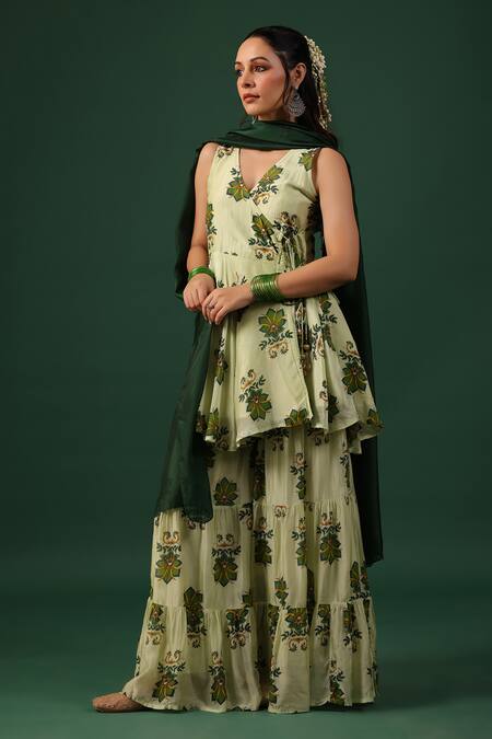Baaro Masi_Green Bemberg Beads V-neck Printed Kurta Sharara Set _Online_at_Aza_Fashions