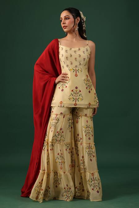 Baaro Masi_Yellow Bemberg, Silk Beads Square Neck Printed Kurta Sharara Set _Online_at_Aza_Fashions