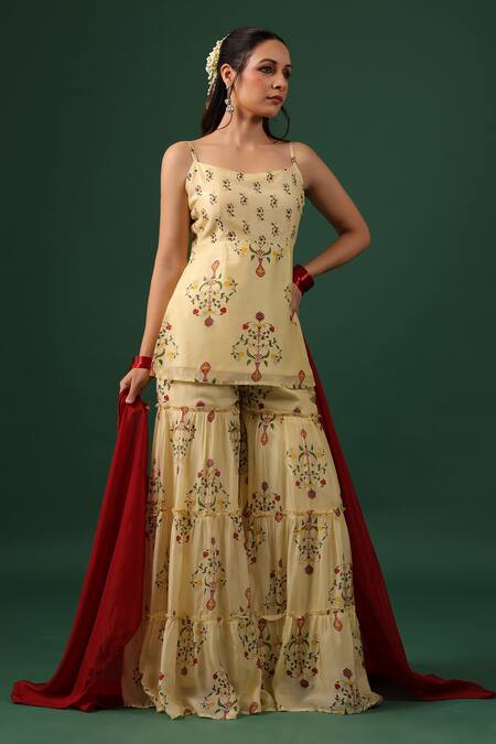 Buy_Baaro Masi_Yellow Bemberg, Silk Beads Square Neck Printed Kurta Sharara Set _Online_at_Aza_Fashions