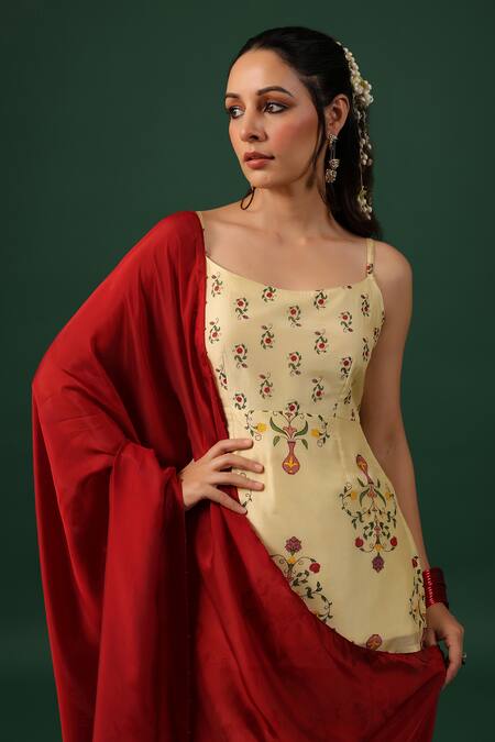 Shop_Baaro Masi_Yellow Bemberg, Silk Beads Square Neck Printed Kurta Sharara Set _Online_at_Aza_Fashions