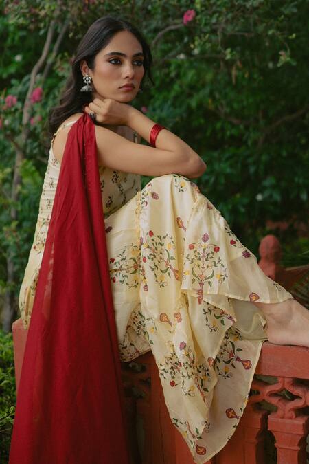 Baaro Masi_Yellow Bemberg, Silk Beads Square Neck Printed Kurta Sharara Set _at_Aza_Fashions